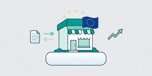 Illustration: a small business with the EU flag, a reporting document and an upward arrow