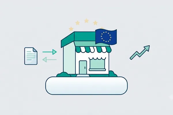 Illustration: a small business with the EU flag, a reporting document and an upward arrow